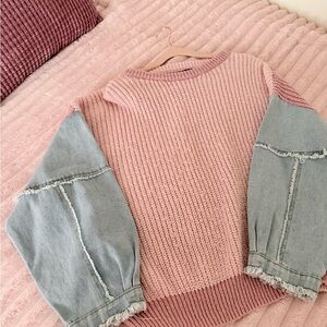 Debut size small , pink Knit Sweater with Light Denim Balloon Sleeves